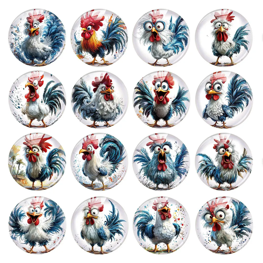 Random Mixed Round/Oval/Square Blue Feather Funny Rooster Photo Glass Cabochon Flatback Demo Cameo For Diy Jewelry Making