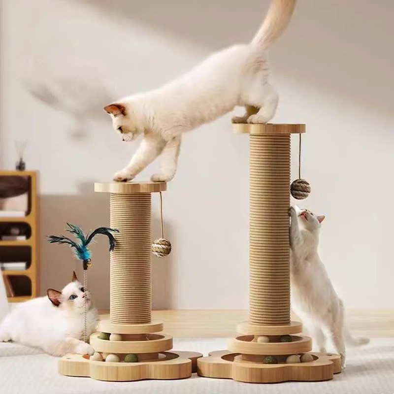 One-piece Pet Sisal Scratching Board Cat Toys Solid Wood Cat Climbing Frame Durable Cat Grab Column with Turntable Cat Toys