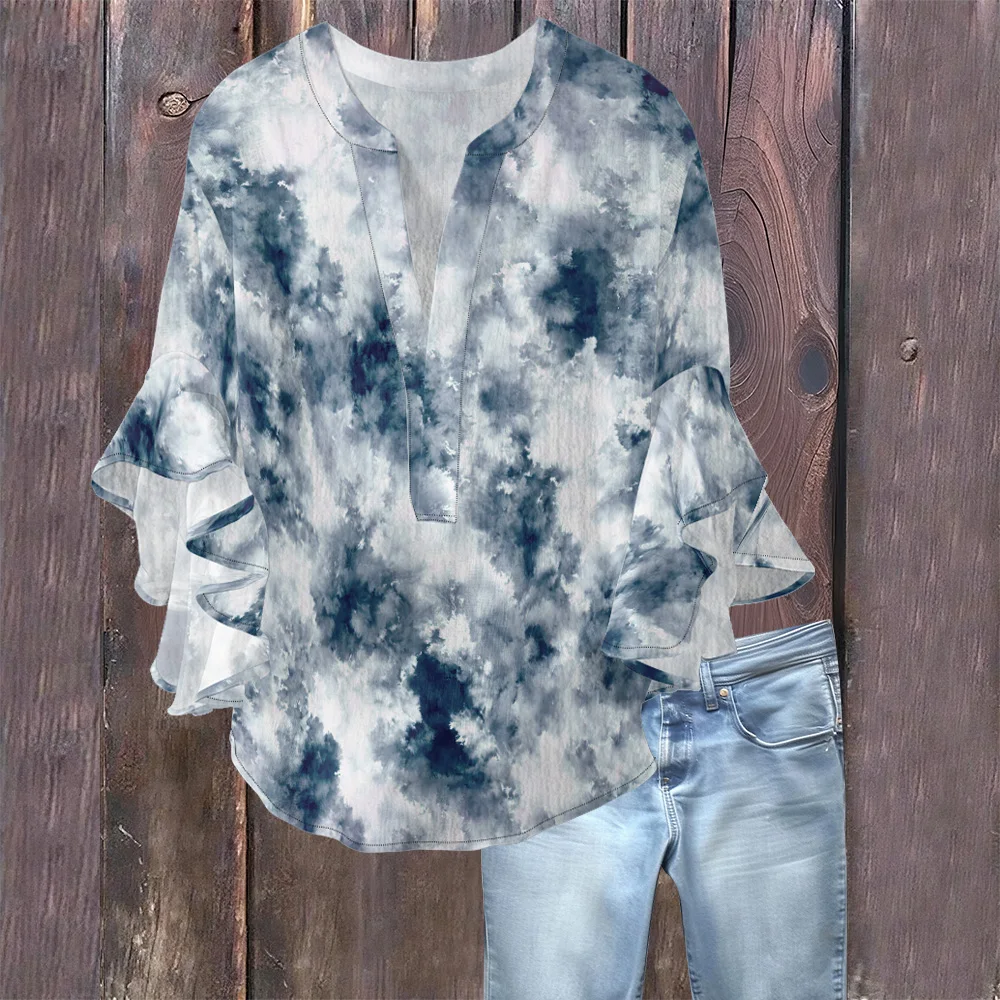 

Women's Tie Dye Blouse with Ruffled Sleeves V - Neck Loose Fitting Casual Top Lightweight Shirt for Daily Wear/Beach Vacation