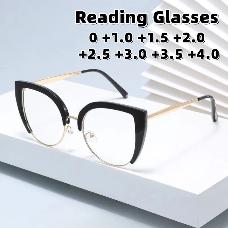 

New Stylish Cat-Eye Anti-Blue Light Presbyopia Glasses Vintage Metal-Frame High-Definition Reading Eyewear Diopter 0 To +4.0