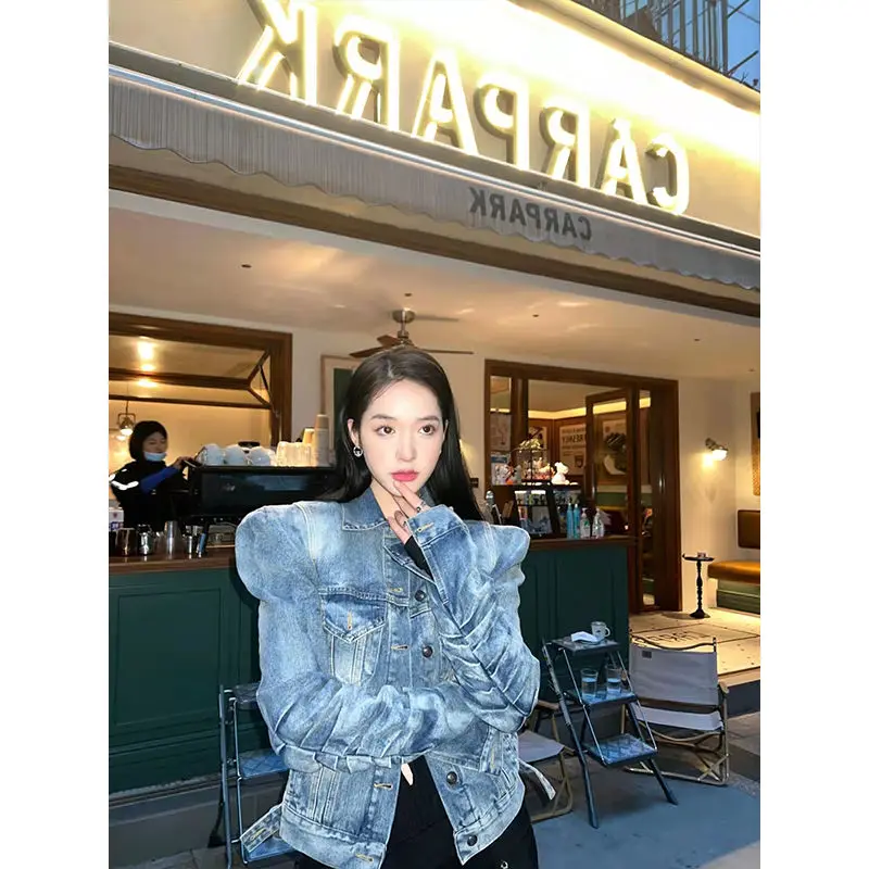 

American Heavy Industry Design Sense Pleated Retro Denim Jacket 2024 Women's Autumn New Spicy Jacket Trend Female Clothing