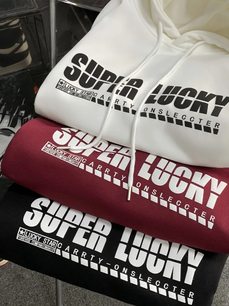 

Утепленная флисовая толстовка с капюшоном для мужчин, зимняя теплая толстовка в американском ретро-стиле, молодежная, с буквенным принтом, повседневная, с длинными рукавами, хлопковая