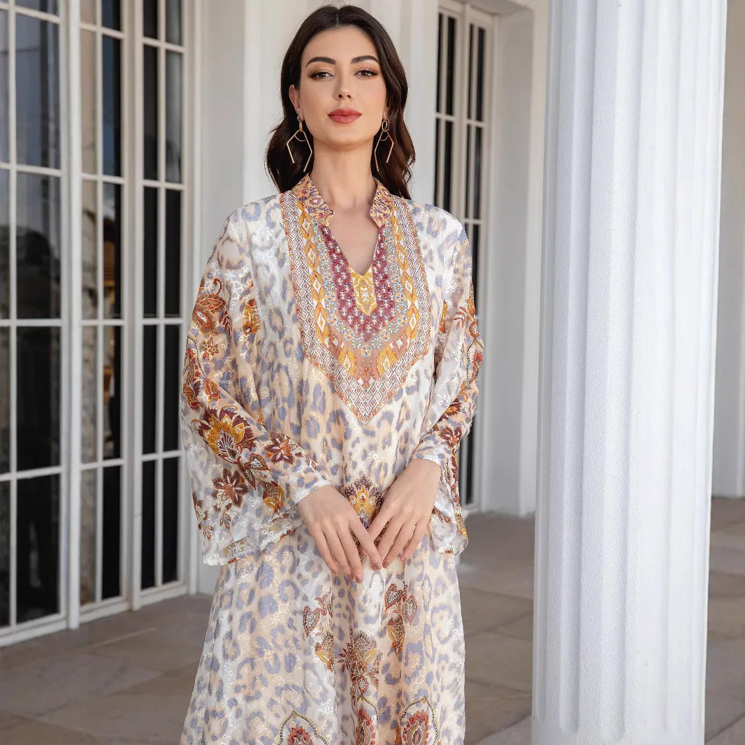 

241108 Muslim Women's Clothing Long Robe Embroidered Fabric Print Rhinestone Women's Long Dress Abayas Islam Elegant