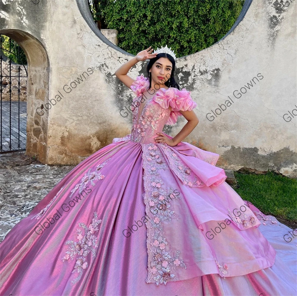 Gaun pesta ulang tahun Lengan ruffle bunga 3D applique manik-manik gaun bola merah muda Sweetheart gaun pesta ulang tahun manis 16 15 Robe De Bal