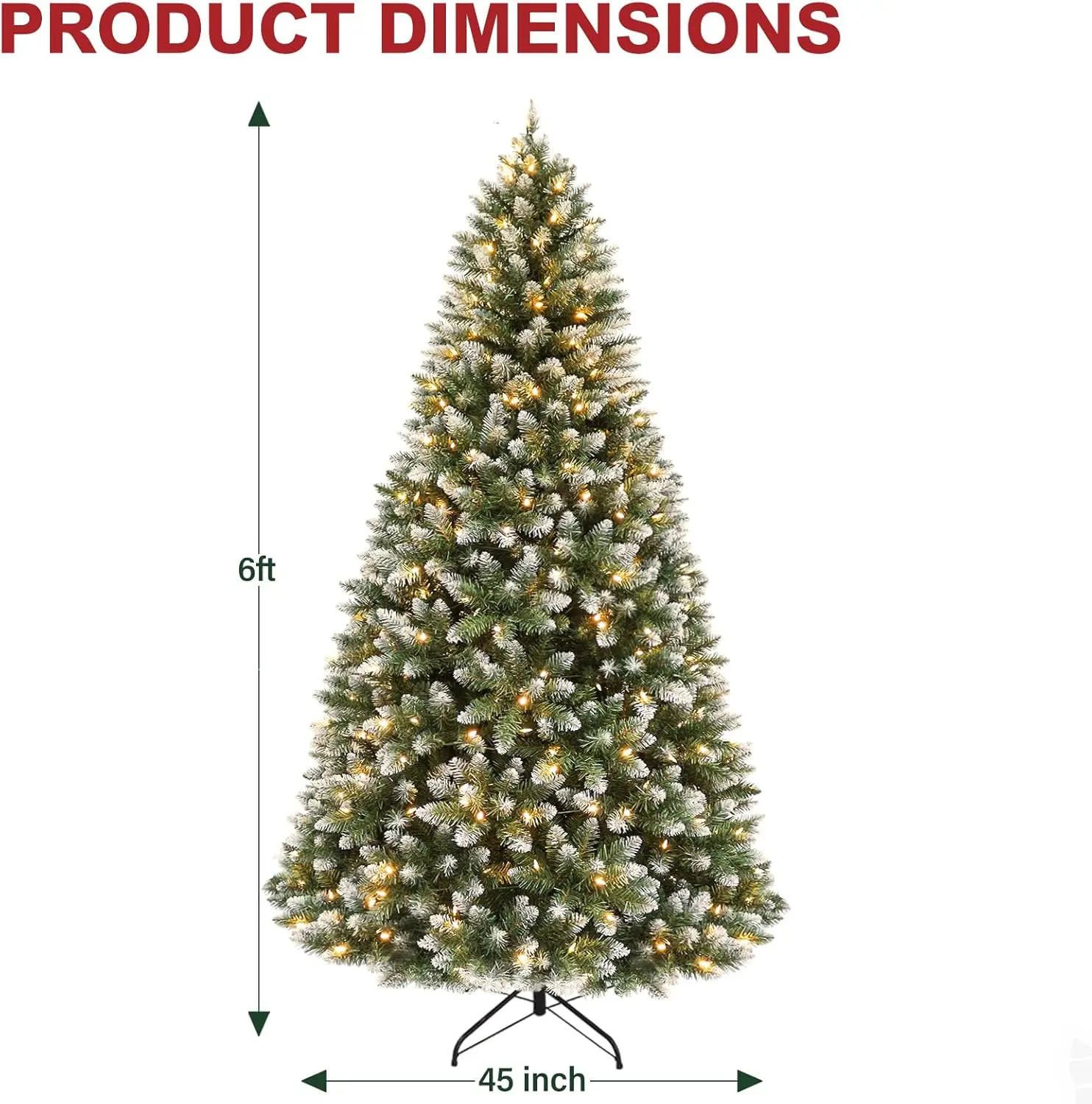 ต้นคริสต์มาสไฮโคลิตี้ขนาด 6 ฟุตพร้อมไฟ LED สีขาวนวล 250 ดวง ต้นไม้ประดิษฐ์ที่ปกคลุมด้วยหิมะบางส่วน กิ่งพีวีซี 1,032 กิ่ง