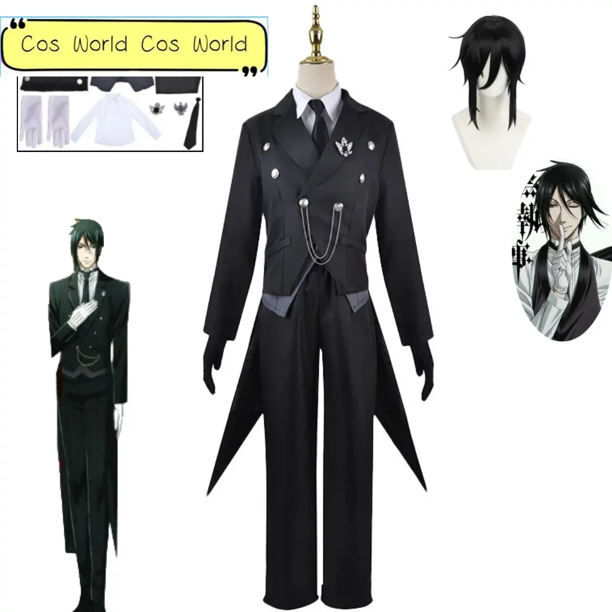 

Anime Black Butler Kuroshitsuji Sebastian Michaelis Cosplay Costume Suit Uniform Tailcoat Makeup Ball Unisex Dress Party Dress