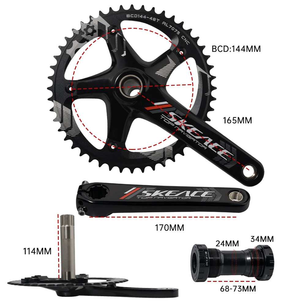SKEACE Track Bike Crankset, 165mm 48T Fixed Gear, Round Fixie Crank for Bicycle Aluminium Alloy 144BCD Single Speed Chainwheel view 3