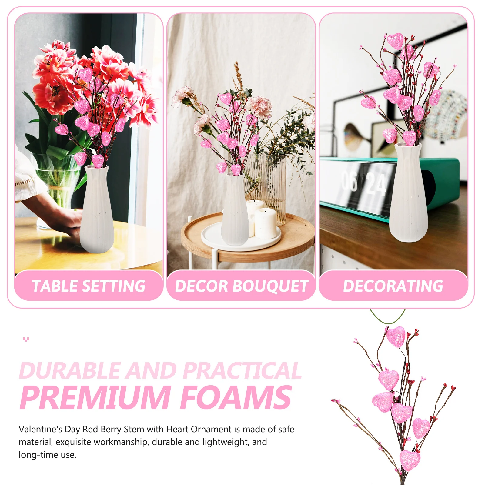 2pcs Heart Flower Picks Premium Foam Valentine'S Day Decor For Party Wedding Holiday Home Table Centerpiece Artificial Berry