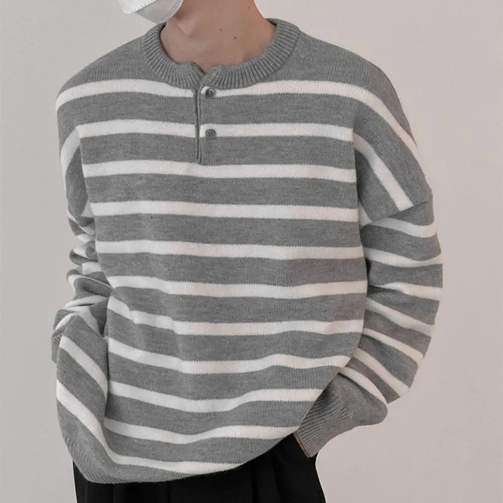 

Striped Men Pullover Sweater Buttons Neckline Knitted Pullover O-neck Long Sleeve Warm Jumper Casual Winter Sweater Streetwear