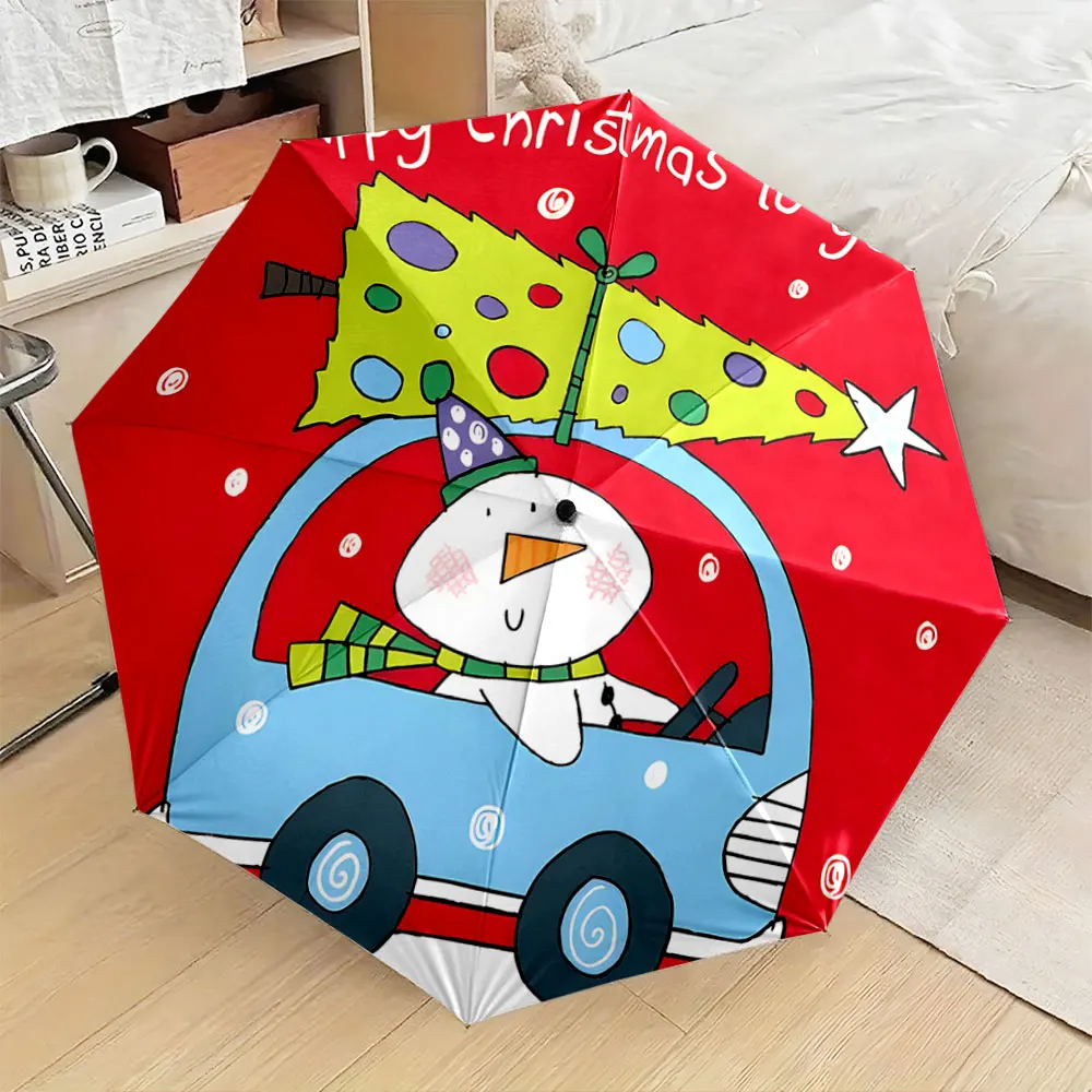 1PC Christmas-themed umbrella with snowman and car design Print 8 Iron Ribs Folding Umbrella Auto-Open Fashion Sunshade