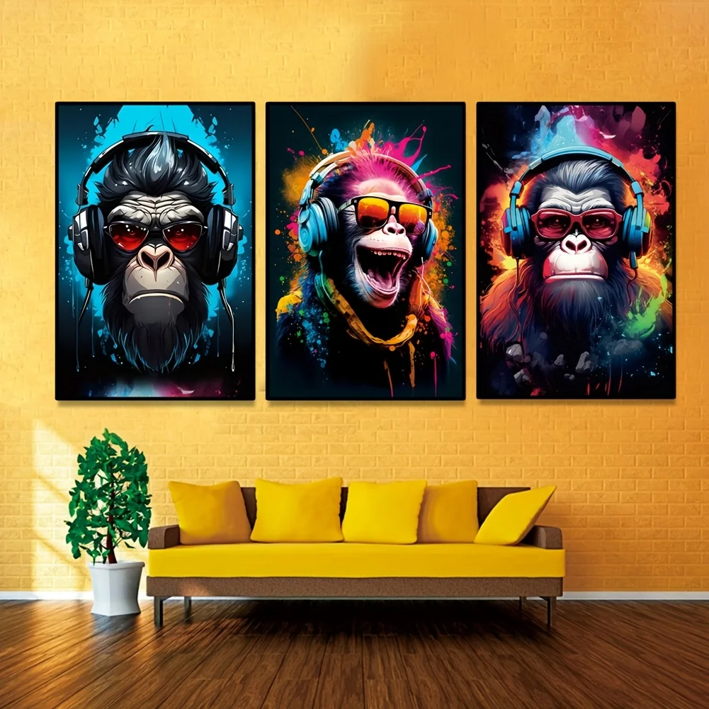 2D Flat, 2D Flat, New Colorful Gorilla Decorative Painting Featuring a Laughing Monkey with Multiple Expressions, Set of 3 Un