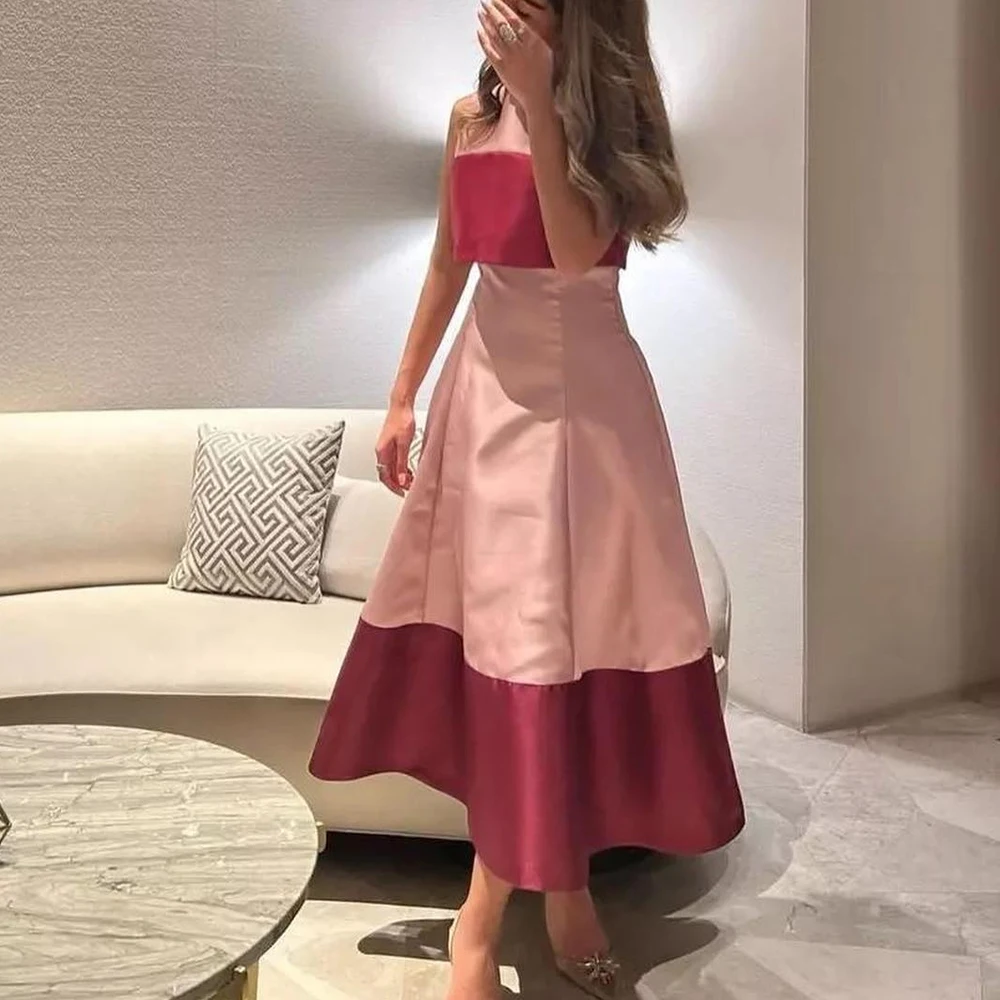 

Customized Graceful Tea Length Pleats Crew Neck Sleeveless Evening Dresses Modern A-Line Satin Party Gowns vestidos de fiesta