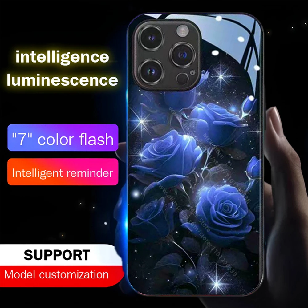 

Crystal Blue Rose LED Light Phone Case Glitter Shockproof Back Cover For iPhone 16 15 14 13 12 11 Pro Max X XS XR SE2020