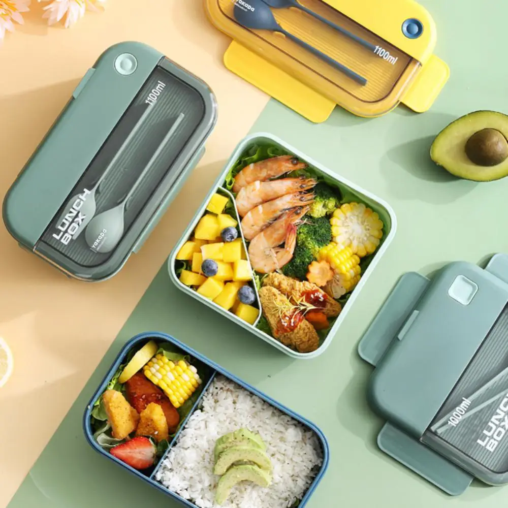 Portable Lunch Box Grid Children Student Office Bento Box with Fork Spoon Leakproof Microwavable Prevent School Food Storage Box