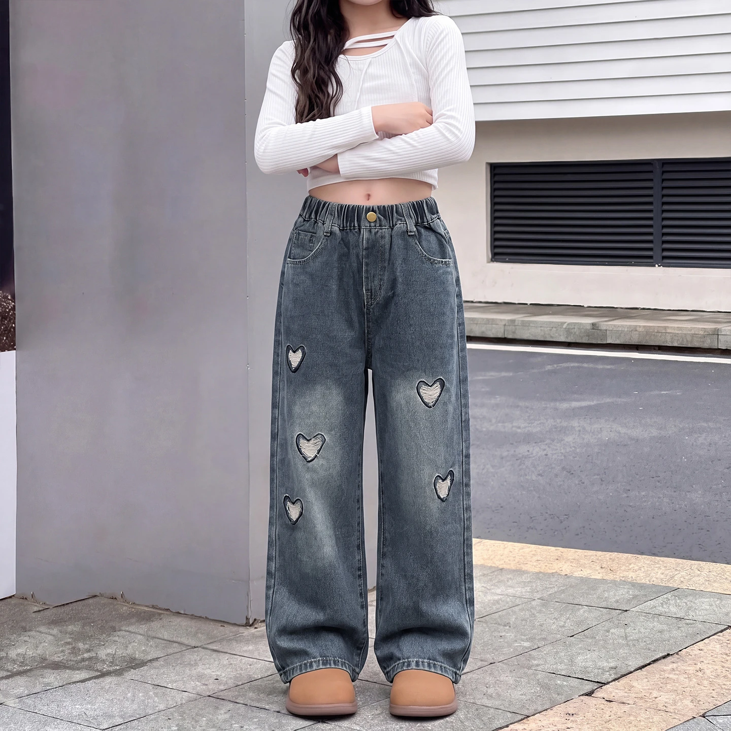 Heart-Shaped Wide Leg Jeans for Girls Spring Autumn Loose Vintage Straight Retro Pants Fashion Teenage Kids Trousers 4-14 Years