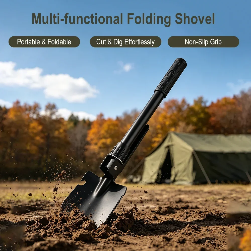Multifunctiona Foldable Shovel with Compass Multi Purpose Telescopic Snow Scraper Foldable Agricultural Military Survival Spade