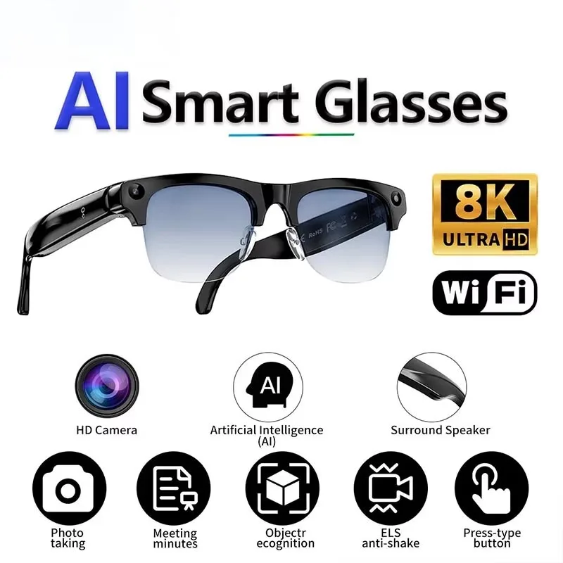 New Half Frame AI Shooting Smart Glasses 8K HD Cam Wireless Bluetooth Calling Translation Object Recognition Sunglasses New