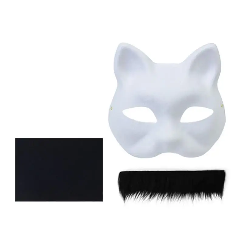 

39BD Animal Mask Set Unpainted Cats Mask Halloween Cosplay Mask Masquerade Mask Hand-Painted Foxes Mask with Furs