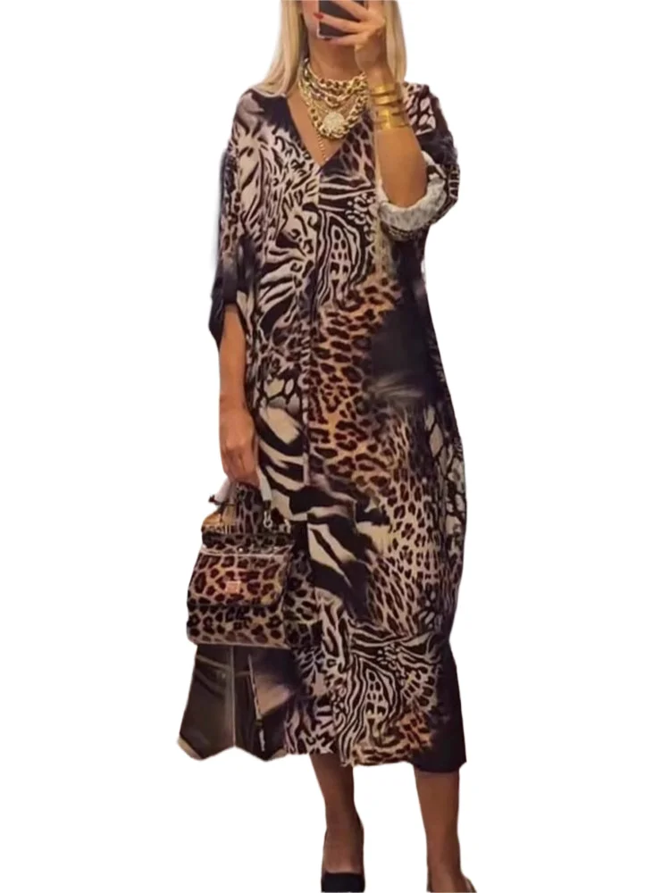

Women's Leopard Print Dress Fashion V Neck Long Sleeve Pullover Loose Dresses For Women Casual Holiday Womens Clothing Summer