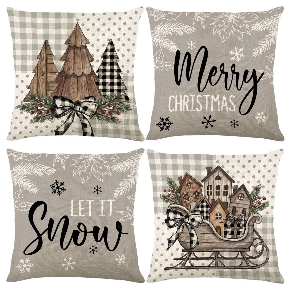 4Pcs Snowman Christmas Pillow Covers Xmas Tree Reindeer Holiday Cushion Cover Snowflake Throw Cushion Case Living Room