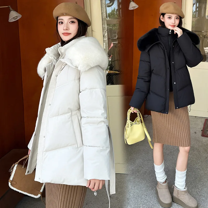 Padded Puffer Parka Women Big Shawl Faux Fur Collar Adjustable Waist Tie Snap Button Wind Resistant Midi Length Winter Outerwear