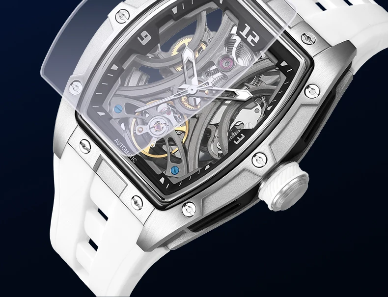MEGIR Sport-Stil, automatische mechanische Uhr für Herren, voll hohl, transparentes Zifferblatt-Design, Edelstahlgehäuse, Silikonarmband – Detail 25