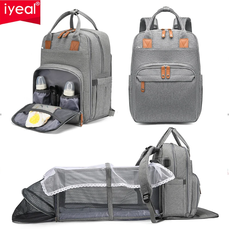 Estendido Baby Bed Mommy Bag com grande capacidade, espaçador urinário, multi camada, mãe mochila de viagem, saco de fraldas com USB, novo