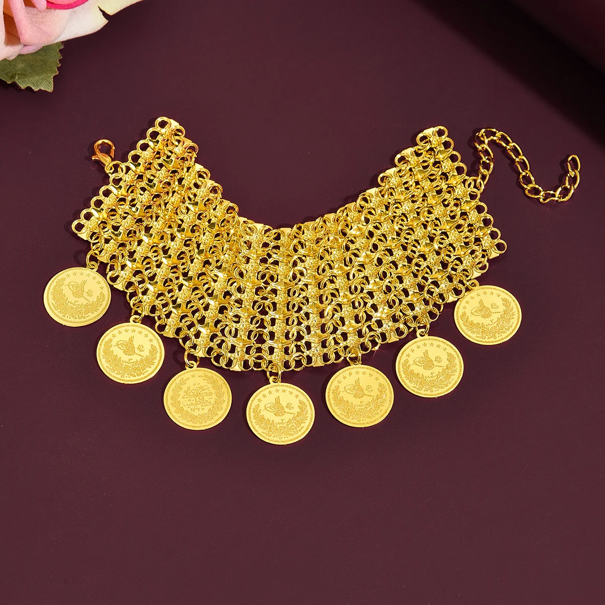 Golden-Plated Metal Hollow Coin Pendant Bracelet - Classic Middle Eastern Retro Jewelry For Moroccan Bridal, Gown & Wedding