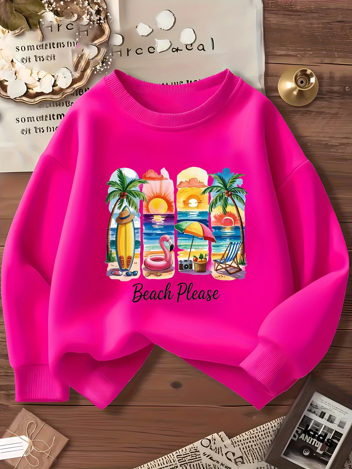 Image of Rosafarbenes Sweatshirt mit Rundhalsausschnitt für Mädchen (Frühling/Herbst) – Lässiger Langarm-Pullover mit Strandurlaub-Landschaftsdruck