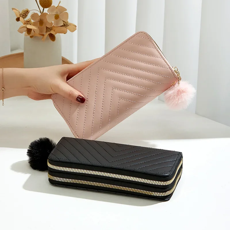 New Fashion Solid Color PU Wallet Girls Zipper Print Clutch Bag Temperament Simple Sewing Line Coin Purse