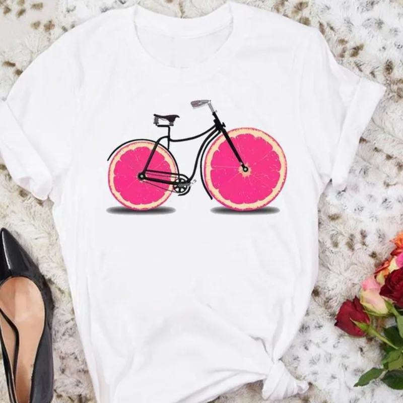 New Fruit Bicycle Print Women's Top Short Sleeve T-shirt  Tops  Aesthetic Clothes  Graphic T Shirts  Summer polyester fabric