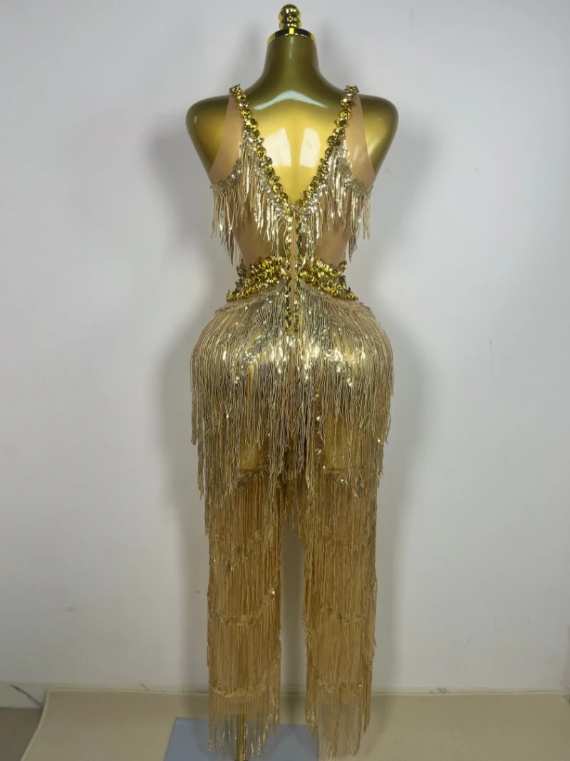 Shiny Gold Rhinestones Sequined Fringe Wide-leg jumpsuit Singer Stage Perform Costume  Women Sexy Night Party Club Outfit