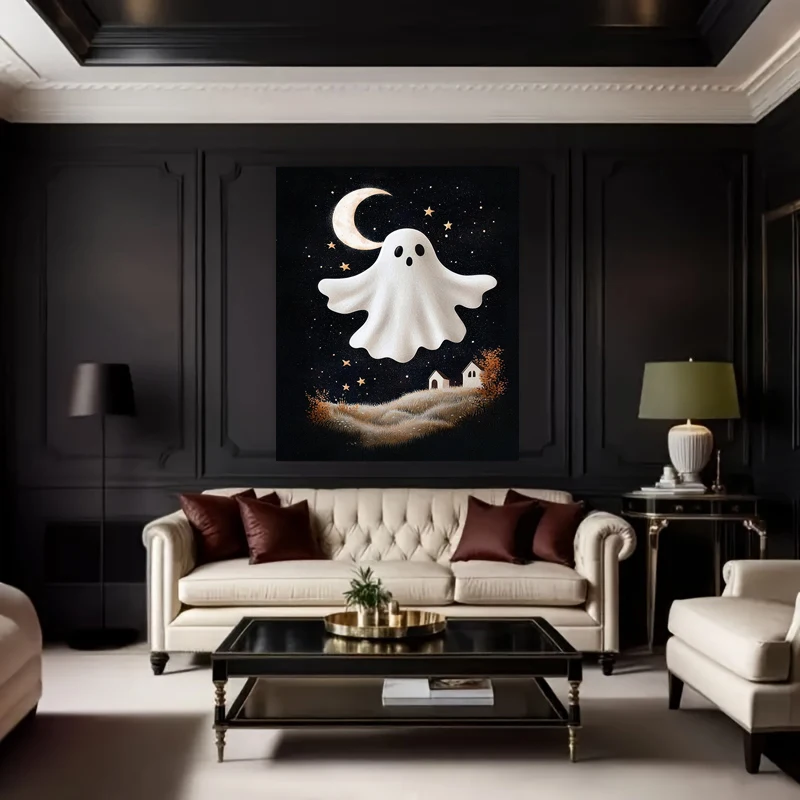 Posters A Playful Ghost Its Translucent Form Floating Above A Moonlit Graveyard, Print, Cottagecore Artwork, Dark Academia Print