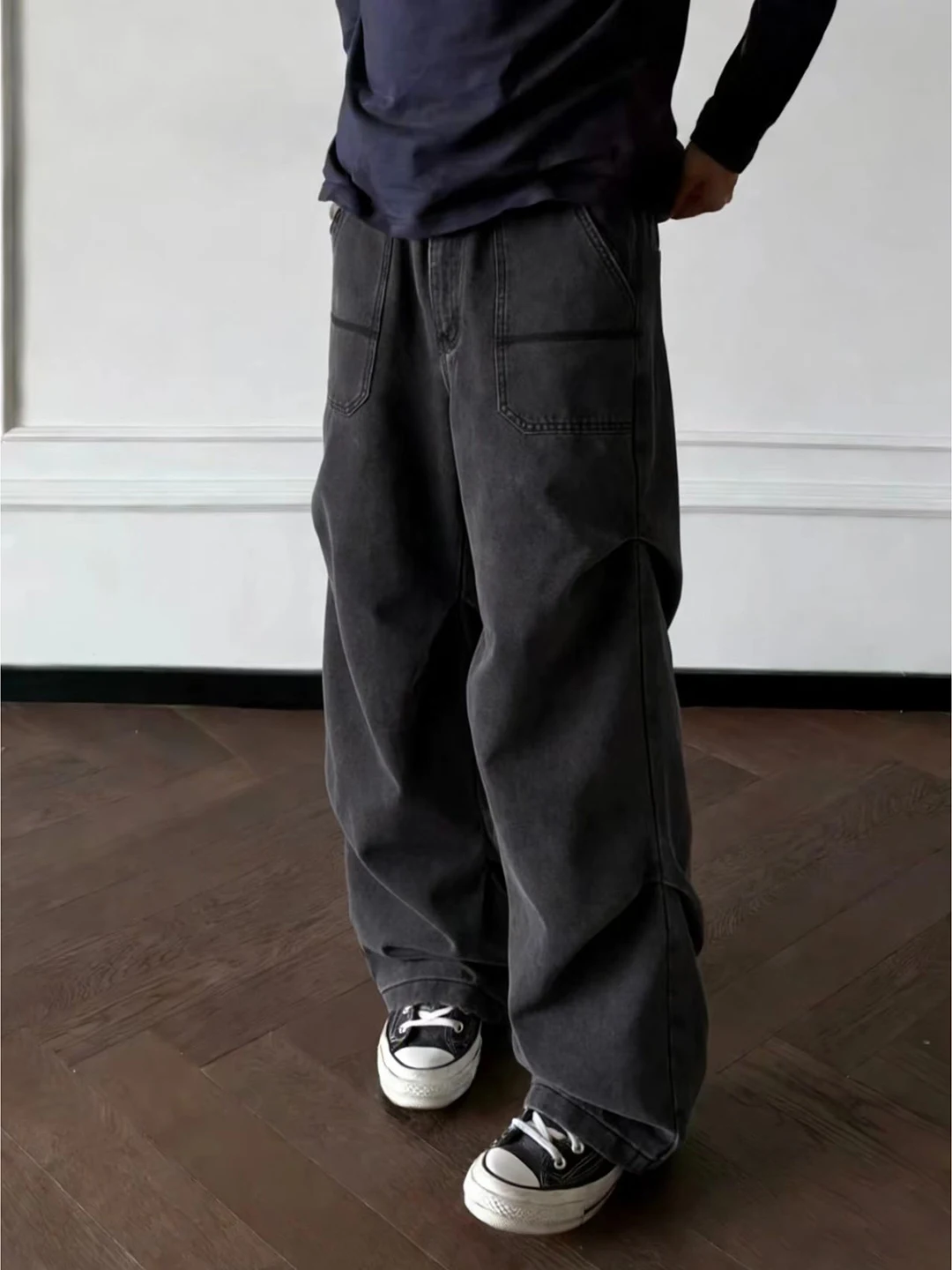 

Bla Waed Men's Denim Jeans Folded Hem Wide Leg Workwear Pants Cleanfit Sle Casual Cotton Blend Four Season Use