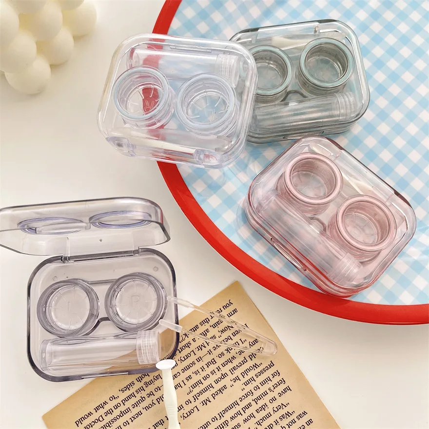 Transparent Contact Lens Case Portable Plastic Storage Box with Tweezer Suction Stick Set for Travel Holiday Companion Organizer