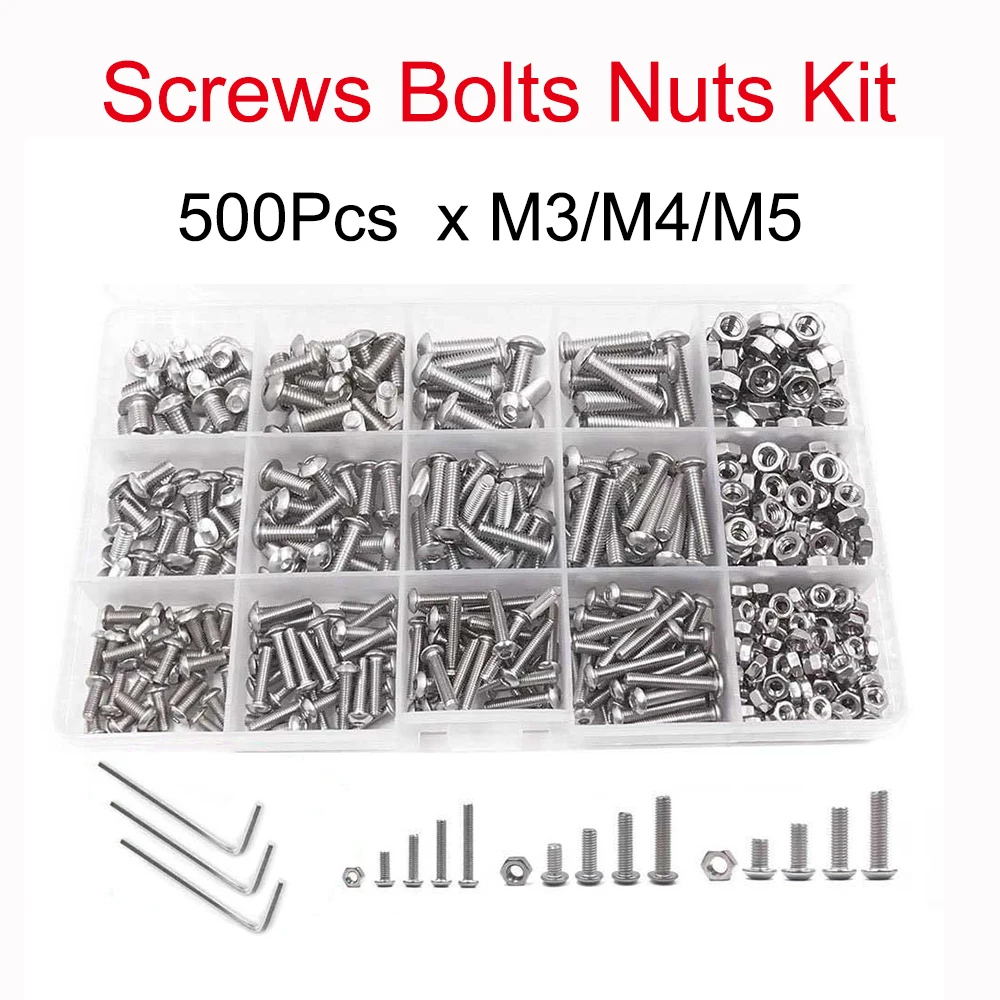 500pcs Stainless Steel Screws Bolts Nuts Kit w Wrench+Box Round Head Hexagon Socket Screw M3 M4 M5 Fastener Hardware Accessories