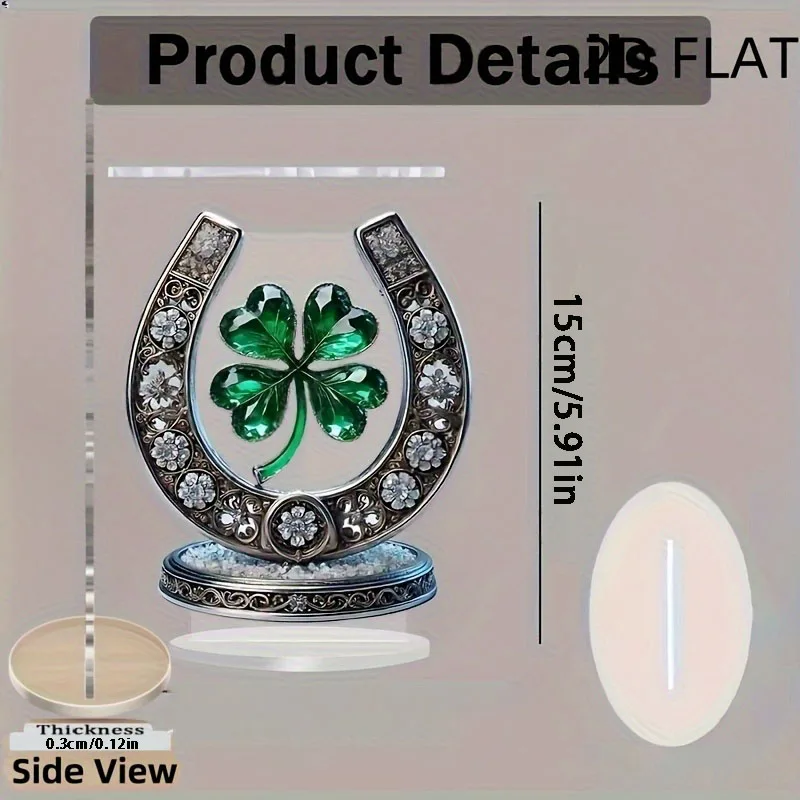 Crystal Lucky Horseshoe and Clover Acrylic Decoration - Shining Crystals, Exquisite Flower Patterns, Desktop Home Decor，2D Flat