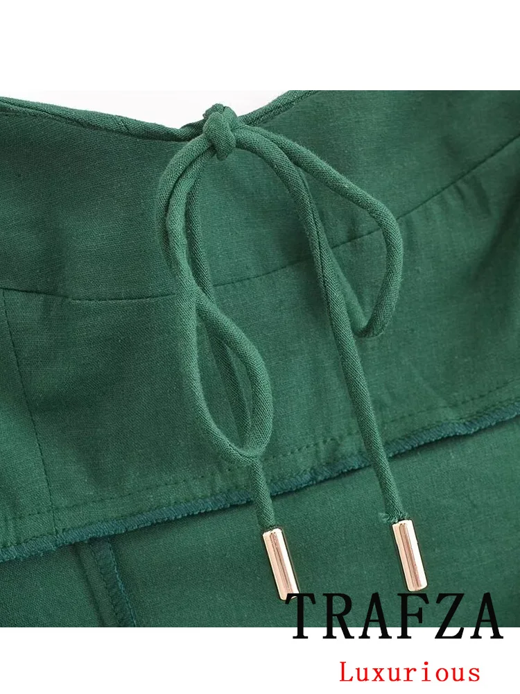 TRAFZA Vintage Casual Chic Women Dress Green SolidCami Backless Side Split Long Straight Dress New Fashion 2024 Summer Dress