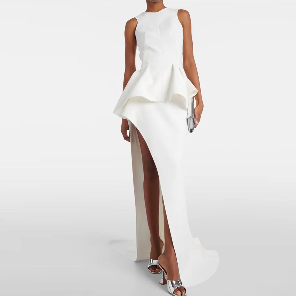 

Modern Ivory Evening Dress Mermaid Formal Party Gown O Neck Floor Length sleeveless Ruffles Trumpet Dubai Saudi Prom Dress