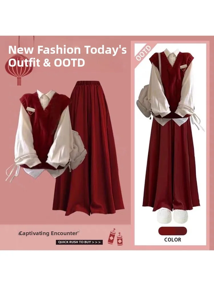 

Новогодний комплект, корейский вязаный свитер, жилет, свободный многослойный комплект из двух предметов, красный военный халат для колледжа, ансамбль Faion