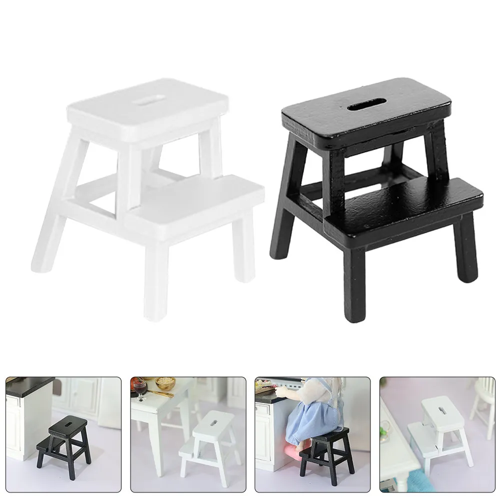 

2Pcs Miniature Wooden Stool Mini Step Stool Rustic Style Micro House Living Room Bedroom Decoration Small Furniture Accessory