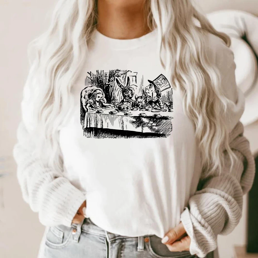 Alice país das maravilhas t camisa chapeleiro louco ilustração do vintage camiseta bonito na moda festa de aniversário camisa mãe tia camiseta casual topos