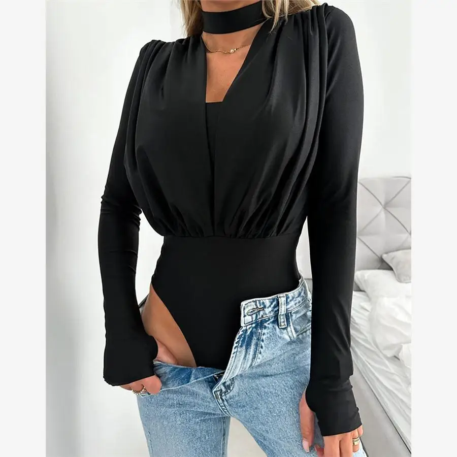 

Long Sve V-ne Color Tight Bodysuit Street Sle High Waist ort Pants Thin Polyester Fabric Winter Collection