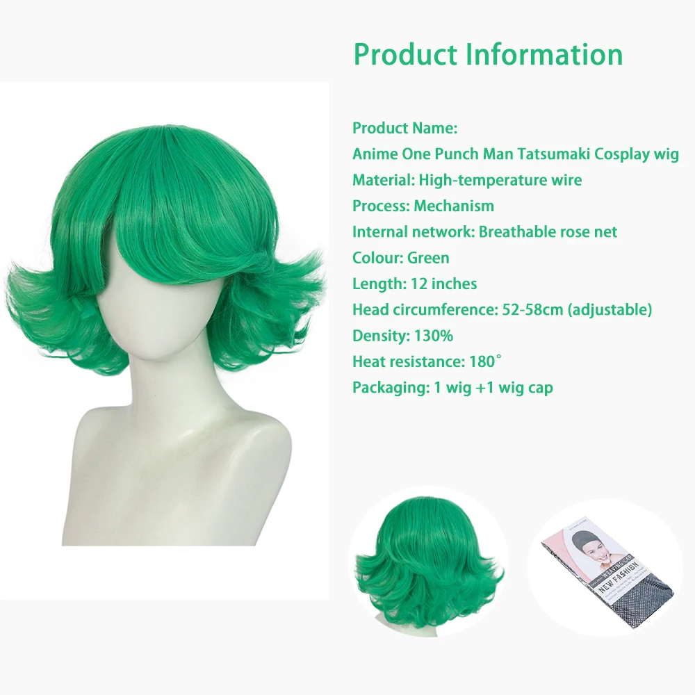 عالية الجودة أنيمي واحد لكمة رجل تاتسوماكي كوسبلاي شعر صناعي 12 بوصة أخضر قصير مجعد شعر مستعار يومي طبيعي مقاوم للحرارة #3