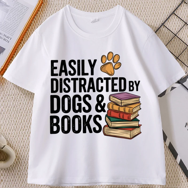 

Easily Distracted By Dogs and Books Tshirt Dog Mom Dad Book Lover Reader T-Shirt Casual Round Neck Short Sleeve Tshirts Clothes