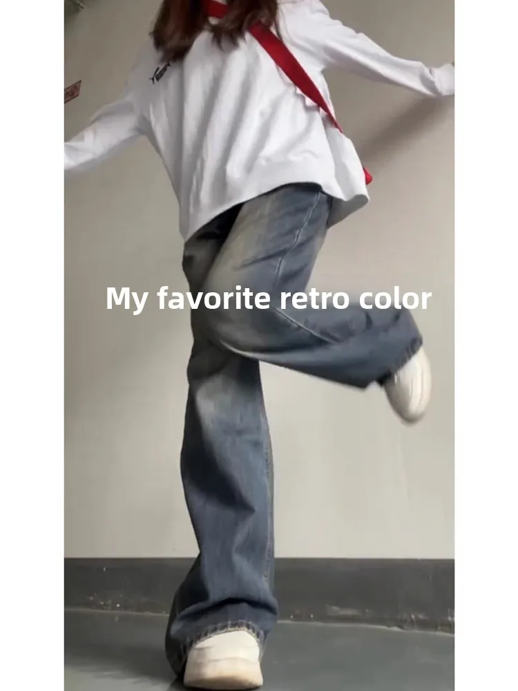 بنطال جينز نسائي أمريكي ريترو هاي ستريت مستقيم الساق واسع الساق تصميم خريفي إحساس أزرق دينم عالي الخصر طويل...