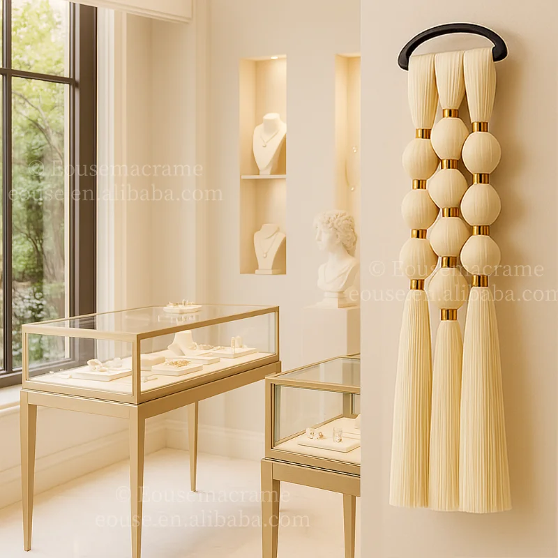 Modern Macrame Wall Hanging Handmade Ball Tassel Fiber Wall Art for Interior Decoration