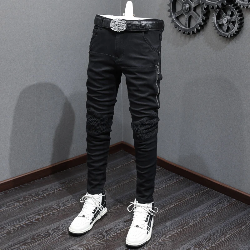 Street Fashion Men Jeans Black Elastic Stretch Skinny Fit Zipper Designer Hip Hop Jeans Men Spliced Patched Biker Pants Hombre
