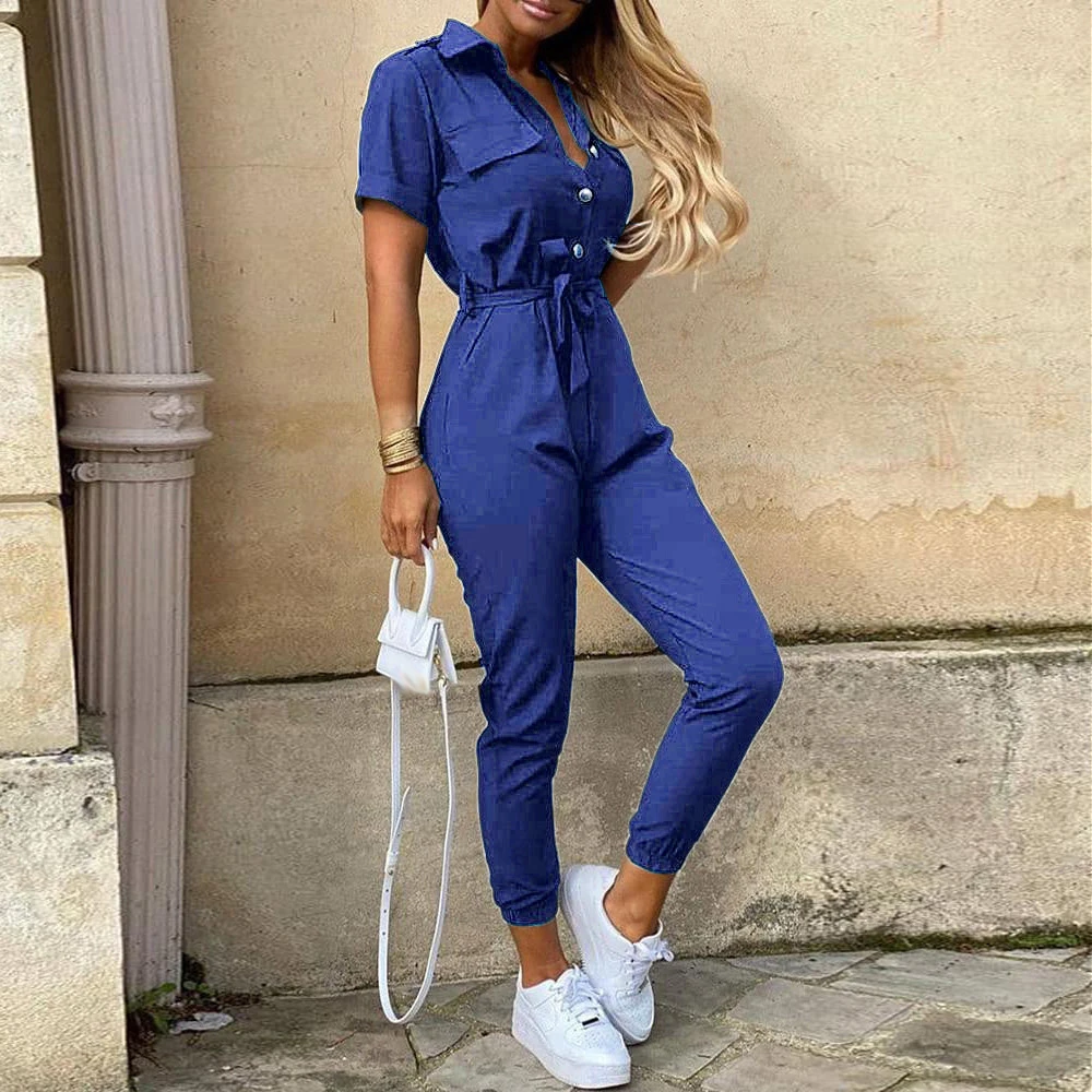 Letters Printed Black Casual Short Sleeve Cargo Long Pants Jumpsuits With Belt Women Summer Half Button Female Overalls Jumpsuit