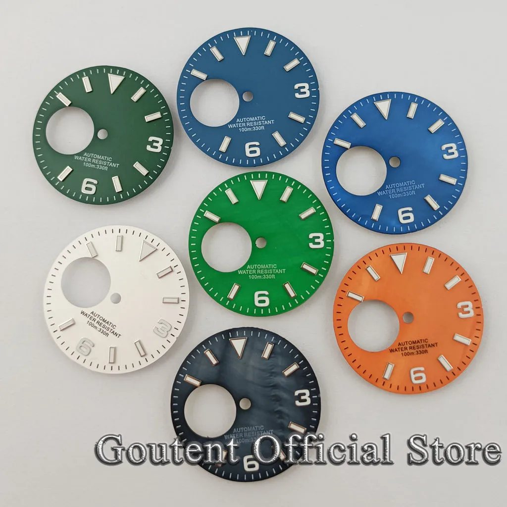 Goutent 29mm estéril branco/preto/azul/verde mostrador luminoso relógio ajuste movimento nh38 para 3 horas 3.8 horas coroa